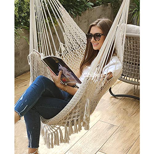 Chihee Hammock Chair Super Large Hanging Soft-Spun Cotton Rope Weaving Chair, Hardwood Spreader Bar Wide Seat Lace Swing Chair Indoor Outdoor Garden Yard Theme Decoration