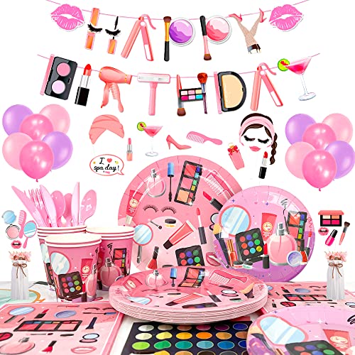 Makeup Birthday Party Supplies,165pcs Spa Party Decorations&Tableware Set-Spa Party Plates Napkins Cups Tablecloth Balloons Banner Photo Booth Props etc Spa Birthday Supplies for Girls Kids Adults