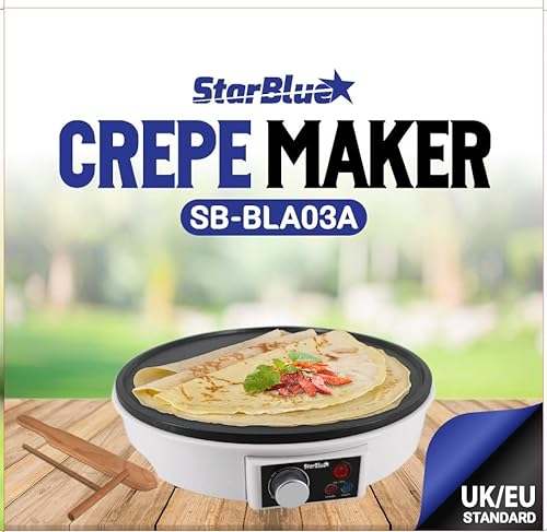 30.5cm Electric Pancake & Crepe Maker by StarBlue with FREE Recipes e-book and Wooden Spatula - AC 220-240V 50/60Hz 1000W, UK Plug, Australia Adapter Included