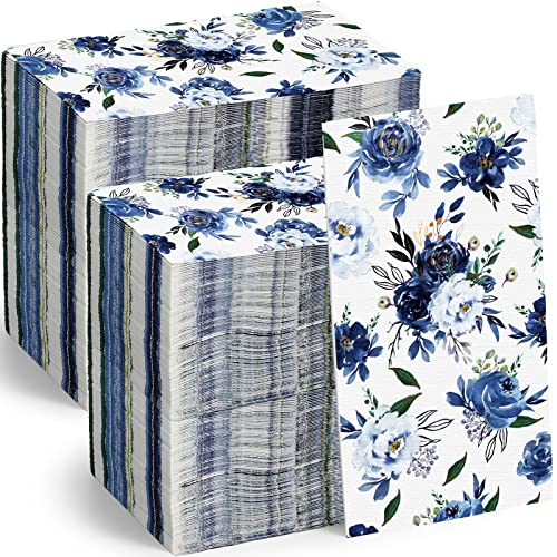 200 Pack Navy Blue Floral Napkins Disposable Hand Towels Blue and White Floral Napkins Disposable Paper Guest Napkins Decorative Paper Towels for Bathroom Wedding Birthday Baby Shower