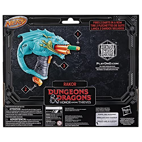 Nerf Dungeons & Dragons Rakor Blaster, 4 Nerf Elite 2.0 Darts, Kids Outdoor Games, Nerf D&D Blaster Toys for Ages 8 & Up