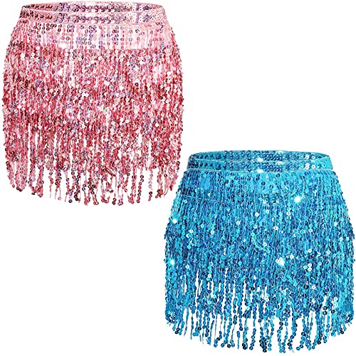 Sequin Fringe Skirts Belly Dance Skirt Festival Tassel Skirt Hip Scarf Wrap Outfit Costumes for Women and Girls, Pink, Lake Blue, One Size