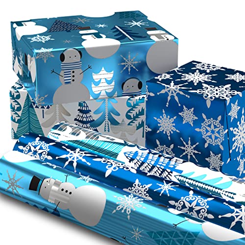 Hallmark Blue Foil Christmas Wrapping Paper with Cut Lines on Reverse (3 Rolls: 60 sq. ft. TTL) Snowmen, Snowflakes, Christmas Trees