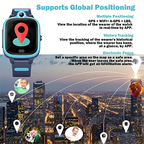 Kids 4G GPS Smart Watch, Waterproof Phone Smartwatch, Worldwide Real-time Tracking Video Phone Call Camera SOS Alarm Geo-Fence Touch Screen Pedometer Anti-Lost GPS Tracker Watch for Birthday Gift