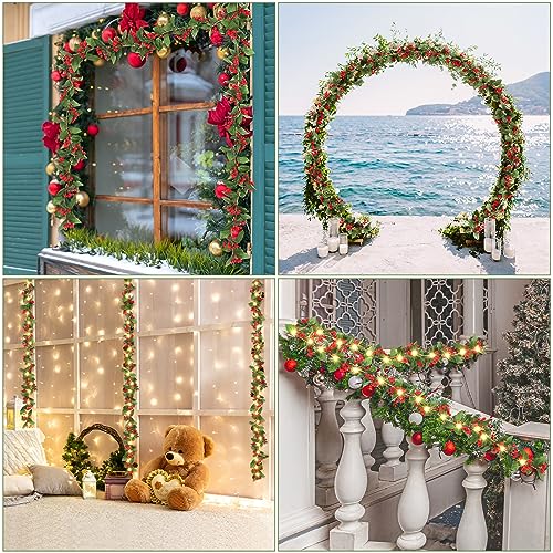Jexine 2 Pcs 6.6 ft Led Christmas Garland with Lights, Flexible Red Berry Garland, Artificial Christmas Wreath String Lights for Indoor Outdoor Home Stairs Garden Fireplace Winter Holiday New Year