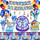 Pusuanzi Sonic Birthday Party Set, 95-Piece Sonic 2 Paper Plates Children's Birthday Party Tableware - Banners, Balloons, Tablecloth, Paper Plates, Napkins, Paper Cups, Straws, Invitation Card