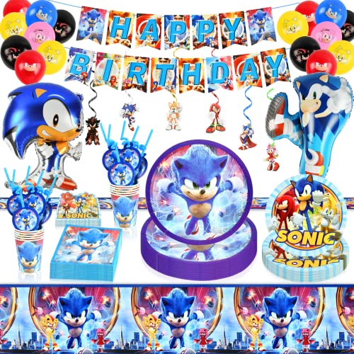 Pusuanzi Sonic Birthday Party Set, 95-Piece Sonic 2 Paper Plates Children's Birthday Party Tableware - Banners, Balloons, Tablecloth, Paper Plates, Napkins, Paper Cups, Straws, Invitation Card