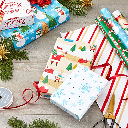 Hallmark Reversible Christmas Wrapping Paper (3 Rolls: 120 sq. ft. TTL) Rustic Santa, Papercraft Snowmen, Candy Canes, Stripes, Snowflakes, Merry Christmas to You