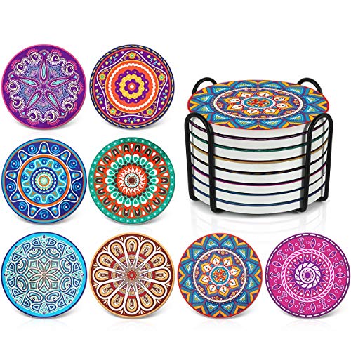 Darate Absorbent Coasters with Holder Set of 8, Coasters for Drinks, Unique Housewarming Gift, 4 Inch Round Coaster for Bedroom, Home, Office, Bar, Dining Room, Living Room, Kitchen (Mandala)