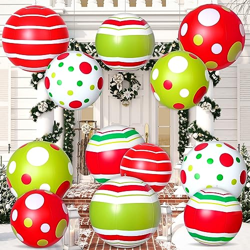 12 Pcs 24 Inch 16 Inch Giant Inflatable Christmas Ball Christmas Outdoor Inflatables Ornaments Giant PVC Inflatable Christmas Ball for Christmas Tree Holiday Yard Lawn Porch Decor (24 Inch,16 Inch)