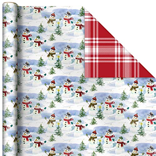 Hallmark Reversible Christmas Wrapping Paper (3 Rolls: 120 sq. ft. TTL) Vintage Santa, Snowmen, Traditional Green, Red and White Plaids