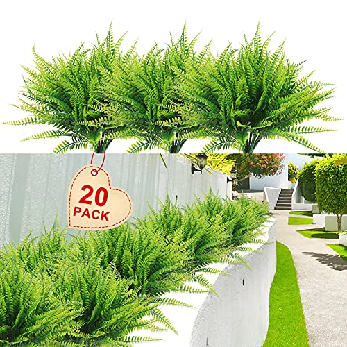 Artificial Boston Fern Plants Bushes 20Packs Faux Plants Shrubs Greenery UV Resistant for House Office Garden Indoor Outdoor Décor