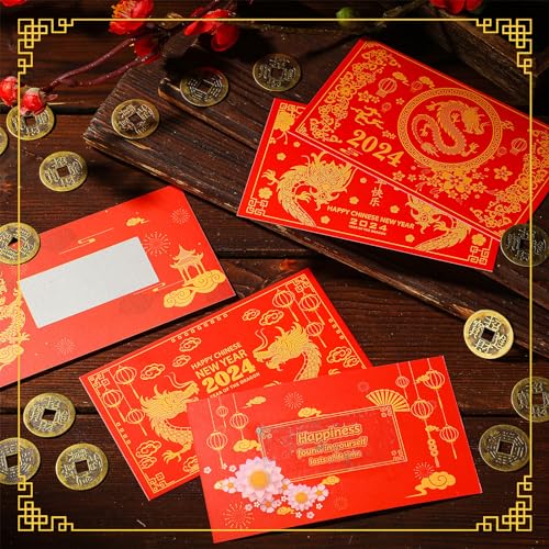 100 Pcs Chinese New Year Scratch Off Cards 2024 Year of The Dragon Fortune Cards with 25 Chinese New Year Coin Chinese Decorations Money Good Luck Charms for Party Games Good Culture (Bright Style)