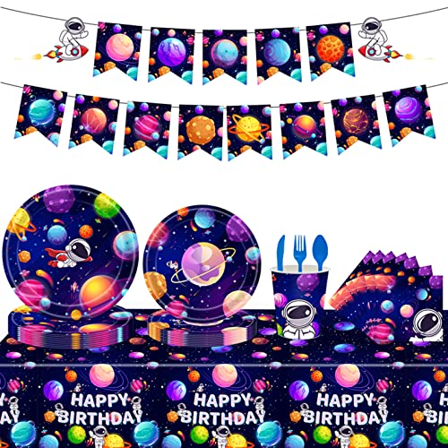 YimaiX Space Party Supplies, Space Party Disposable Tableware Paper Plates Napkins Straws for Space Astronaut Outer Galaxy Theme Birthday Party Decoration Serves 16 Guests