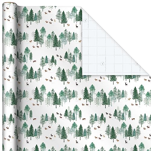 Hallmark Kraft Recyclable Christmas Wrapping Paper with Cut Lines (2 Rolls: 150 Sq. Ft. Ttl) Green Trees on White, White Pine Cones on Brown Kraft for Holidays, Hanukkah, Winter Solstice, Weddings, 0005JXW1203