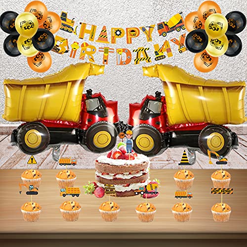 ZCOINS Construction Birthday Party Decoration for Boys with 2 Giant 32in*27in Dump Truck Foil Balloons, 15 Latex Balloons Printed with Truck Pictures, 12 Construction-themed Cake Toppers and 1 Banner.