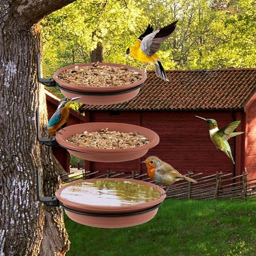 Bird Trays Tree Mounted for Bird Feeder Bird Bath Bowl, Decorative Bird Feeder for Wooden Fence Wall Tree Deck Stakes (3)