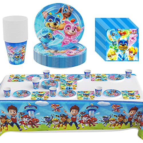Paw Dog Patrol Birthday Party Set, 61 Pieces, Children's Birthday Tableware, Tablecloth, Napkins, Plates, Paw Dog Patrol Theme Party Birthday Decoration, Boys and Girls Birthday Party Accessories