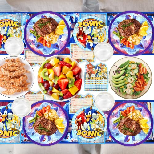 Pusuanzi Sonic Birthday Party Set, 95-Piece Sonic 2 Paper Plates Children's Birthday Party Tableware - Banners, Balloons, Tablecloth, Paper Plates, Napkins, Paper Cups, Straws, Invitation Card
