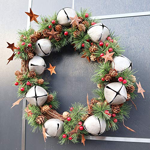 SHATCHI 25cm Natural Looking Artificial Leaves, Silver Bells, Pine Cones and Berries Wreath Front Door Hanging Christmas Xmas Wedding Decorative Garland, Green, 25 cm