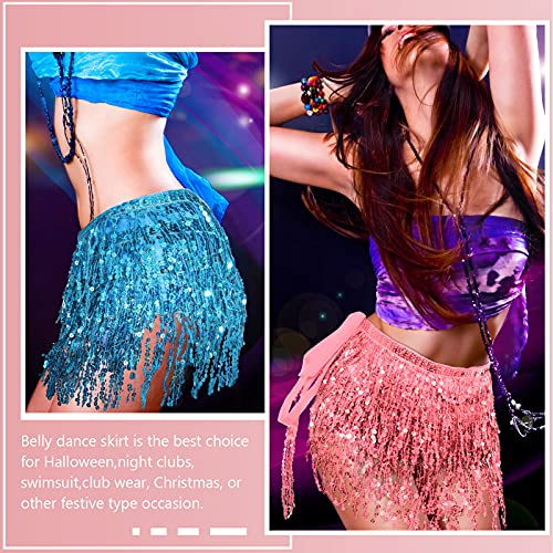 Sequin Fringe Skirts Belly Dance Skirt Festival Tassel Skirt Hip Scarf Wrap Outfit Costumes for Women and Girls, Pink, Lake Blue, One Size