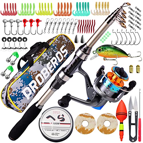 MECOS 1.8m Telescopic Fishing Rod Set, Adults Carbon Fiber Telescopic Fishing Pole and Reel Combo with Spinning Reel, Line, Lure, Hooks and Carrier Bag, Fishing Gear Set for Beginner Adults And Kids Saltwater Freshwater (Black)