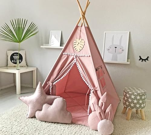 RONG FA Kids Teepee Tent with White Pom Pom - Indoor Play Teepee for Children Boys Portable Play House (Pink)