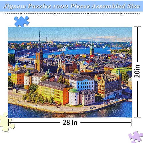 1000 Pieces Jigsaw Puzzles for Adults 28 x 20 Inch 1000 pcs Jigsaw Puzzles Difficult Puzzles Entertainment Birthday Graduation Gifts for Home Decor Stockholm Riverside Town Sweden Jigsaw Puzzle