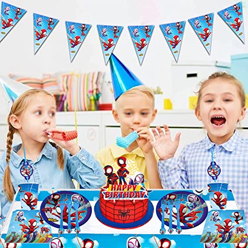 Spider Party Tableware, Spider Party Decorations, Spidey and His Amazing Friends Birthday Party Supplies, Includes Table Cover, Banner, Plates, Napkins, Paper cups,Straws, Fork- Serves 10 Guests