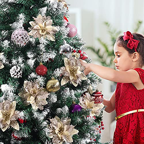 TOYANDONA 12Pcs Christmas Glitter Poinsettia Flowers, Christmas Tree Flower Decorations Artificial Flowers with Stems and Clips for Wedding Party Wreath (Champagne)