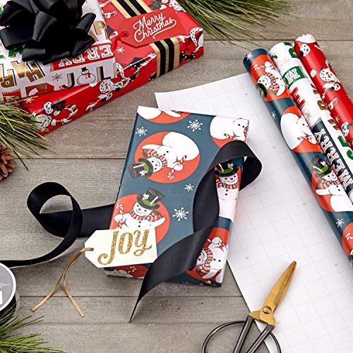 Hallmark Vintage Christmas Wrapping Paper Cut Lines on Reverse (3 Rolls: 120 sq. ft. TTL) Dancing Santas, Classic Snowman, Merry, Jolly, Happy, Peace