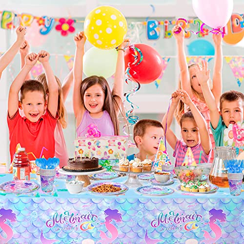 Mermaid Birthday Party Supplies,113pcs Mermaid Party Tableware Set-Mermaid Party Plates and Napkins Cups & Mermaid Theme Party Tablecloth etc Mermaid Themed Party Tableware Supplie,Serves 16