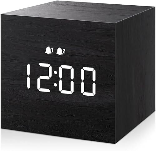 Alarm Clock, Digital Alarm Clock, with Wooden Electronic LED Time Display, Dual Alarm, 2.5-inch Cubic Small Mini Wood Made Electric Clocks for Bedroom, Bedside, Desk