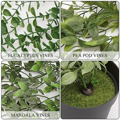 Artigreen 3 Pcs Artificial Hanging Plants-Eucalyptus Mandala Snow Pea Vine in Pot Plants for Office Farmhouse, Fake Foliage Pendant Plant, Indoor Outdoor Wedding Home Decoration