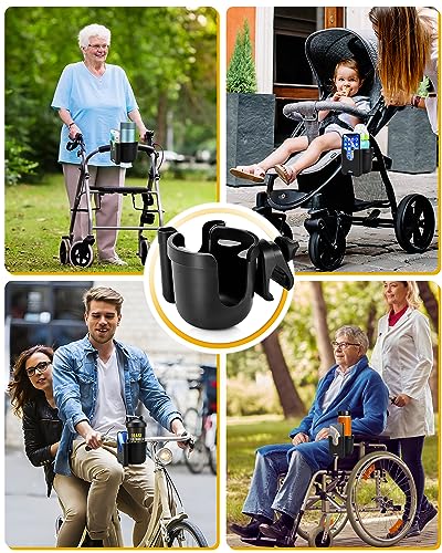 Universal Stroller Cup Holder with Mobile Phone Case, 2-in-1 Strollers Storage Rack, 360 Degrees Rotation Drink Holder for Bike, Pushchair, Wheelchair, Walker,Bicycle, Fits Most Cups