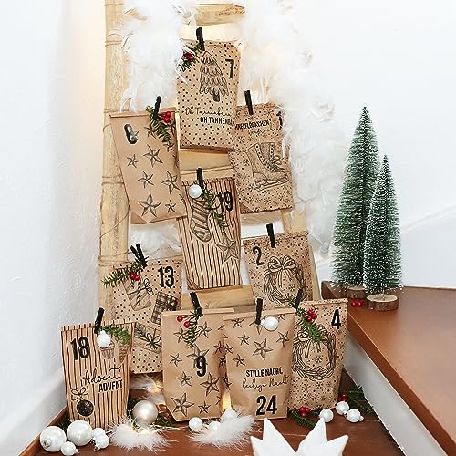 Papierdrachen Advent Calendar for Filling, 24 Printed Wrapping Paper Bags, Classic Christmas Motifs with Black Wooden Pegs, Christmas Calendar for Women and Men, for Crafts, Set 12