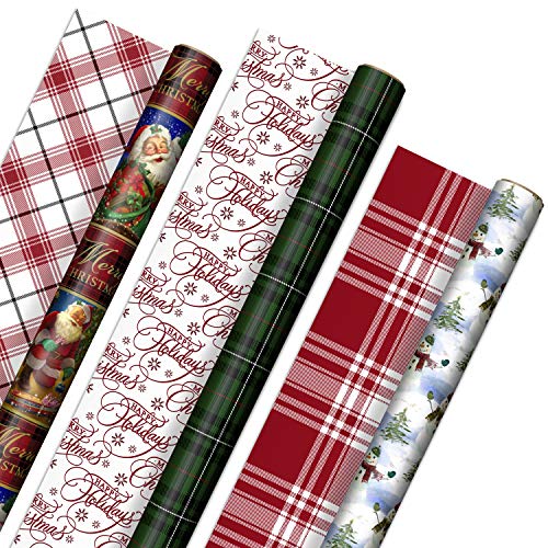 Hallmark Reversible Christmas Wrapping Paper (3 Rolls: 120 sq. ft. TTL) Vintage Santa, Snowmen, Traditional Green, Red and White Plaids