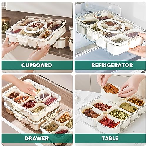 Divided Serving Tray with Lid and Handle Snack Platters Organizer with 8 Compartments Reusable Plastic Appetizer Tray Good Sealing Snack Divided Platter for Nut Candy Snacks