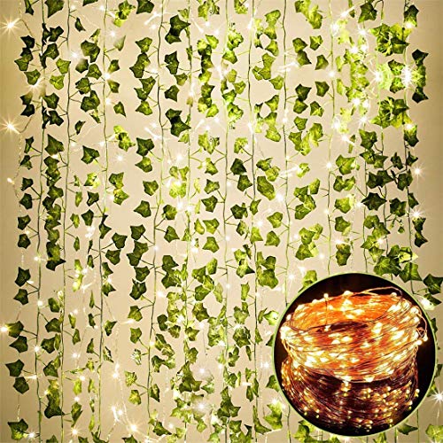 84 FT Artificial Ivy 12 Pack Ivy Vine Garland Ivy Leaves Greenery Garlands Hanging with 100 LED String Light Fake Leaf Plants Faux Green Flowers Decor for Home Kitchen Garden Office Wedding Wall