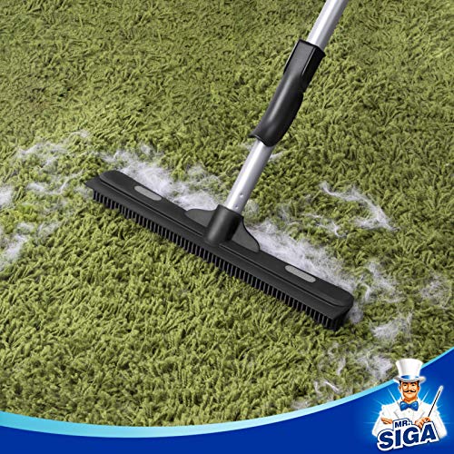 MR.SIGA Pet Hair Removal Rubber Broom with Built in Squeegee, 3 in 1 Floor Brush for Carpet, 62 inch Adjustable Handle, Includes One Microfiber Cloth for Floor Dusting