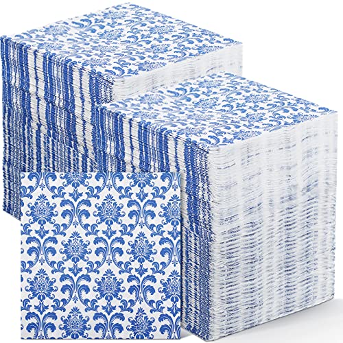 Sinmoe 200 Pcs Blue Floral Paper Napkins Guest 2 Layers Disposable Hand Towels for Bathroom White Cocktail Decorative Luncheon Napkin Dinner Wedding Tea Party