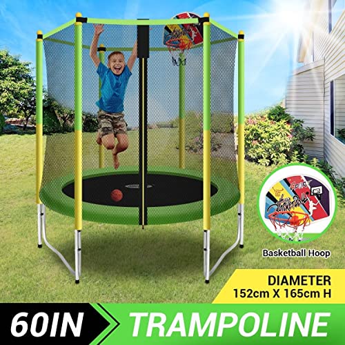 Genki 60 Inch Kids Round Trampoline with Safety Enclosure & Basketball Hoop Outdoor Jumping Toy Gift