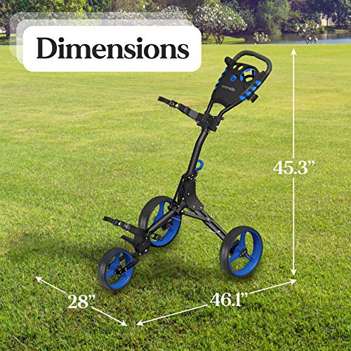 SereneLife 3 Wheel Golf Push Cart - Lightweight Folding Golf Walking Push Cart Roller Golf Bag Holder w/Upper/Lower Bracket w/Elastic Strap, Scorecard, Cup, & Bag Storage Holder - SereneLife SLG3W