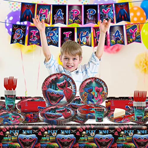 Huggy-Wuggy 72 Pieces Children's Birthday Party Decoration, Poppy Playtime Party Tableware, Includes Plate Banner Napkins Paper Cups Tablecloths, Suitable for Decoration of Children's Birthday Parties