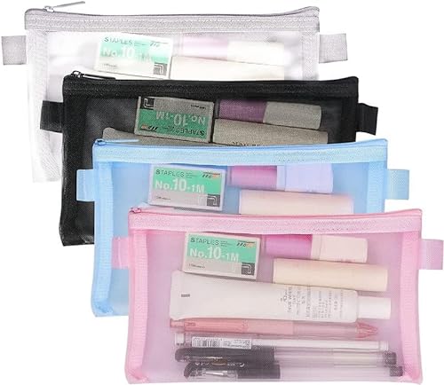 Transparent Mesh Pencil Bags,4Pcs Zipper Mesh Pencil Case Storage Bags,Exam Pencil Case,Clear Mesh Pencil Pouch,Mesh Zipper Pen Pouch,Nylon Pencil Storage Pouch,Zipper Mesh Bags Mesh Pen Pouch