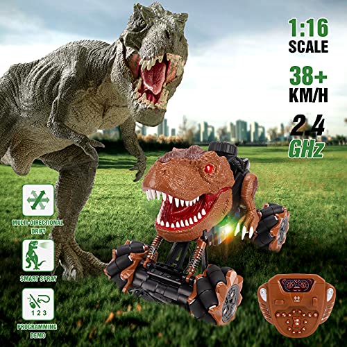 REMOKING Remote Control Dinosaur Toys,Dinosaur Car Kids Toy with Drift Stunt,Spray,LED Lights,Roaring,4X4 RC T-Rex Dinosaur Trucks for 6-12 Year Old Boys Girls, Birthday Gifts for Children