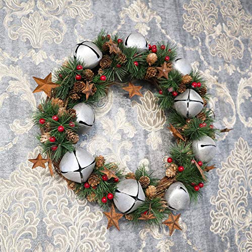 SHATCHI 25cm Natural Looking Artificial Leaves, Silver Bells, Pine Cones and Berries Wreath Front Door Hanging Christmas Xmas Wedding Decorative Garland, Green, 25 cm