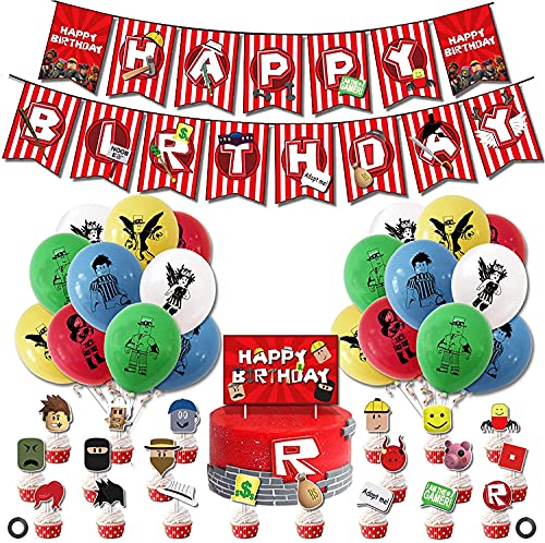 Roblox Birthday Party Supplies, Ro-blox Theme Party Decorations Set, Include Balloons, Happy Birthday Banner, Cake Topper, roblox Virtual World Party Decorations for Boys Birthday