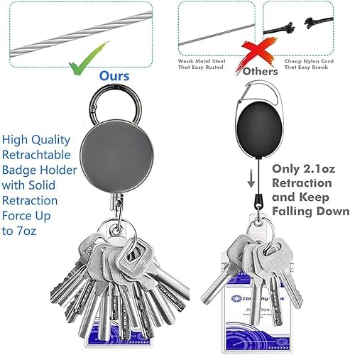 Retractable Badge Holder Heavy Duty Badge Reels ID Holder, Badge Holder with Belt Clip Key Ring for Name Card Keychain 2 Pack [All Metal Casing, 27.5" Steel Wire Cord, Reinforced ID Strap