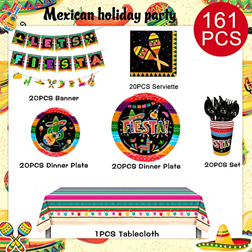 Mexican Themed Fiesta Party Supplies,161pcs Mexican Fiesta Party Decorations&Tableware Set-Fiesta Party Banner Plates Tablecloth Cups Napkins etc Fiesta Theme Party Supplies for Kids Adults